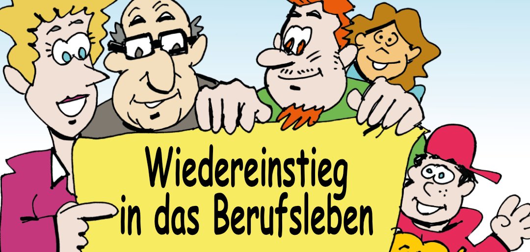 Gezeichnete Menschen zeigen auf ein Poster mit dem Veranstaltungstitel
