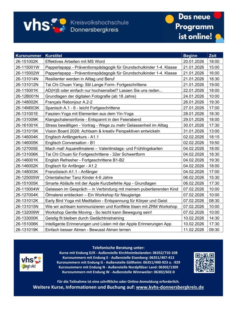 Aktuelles Programm der Kreisvolkshochschule Donnersbergkreis