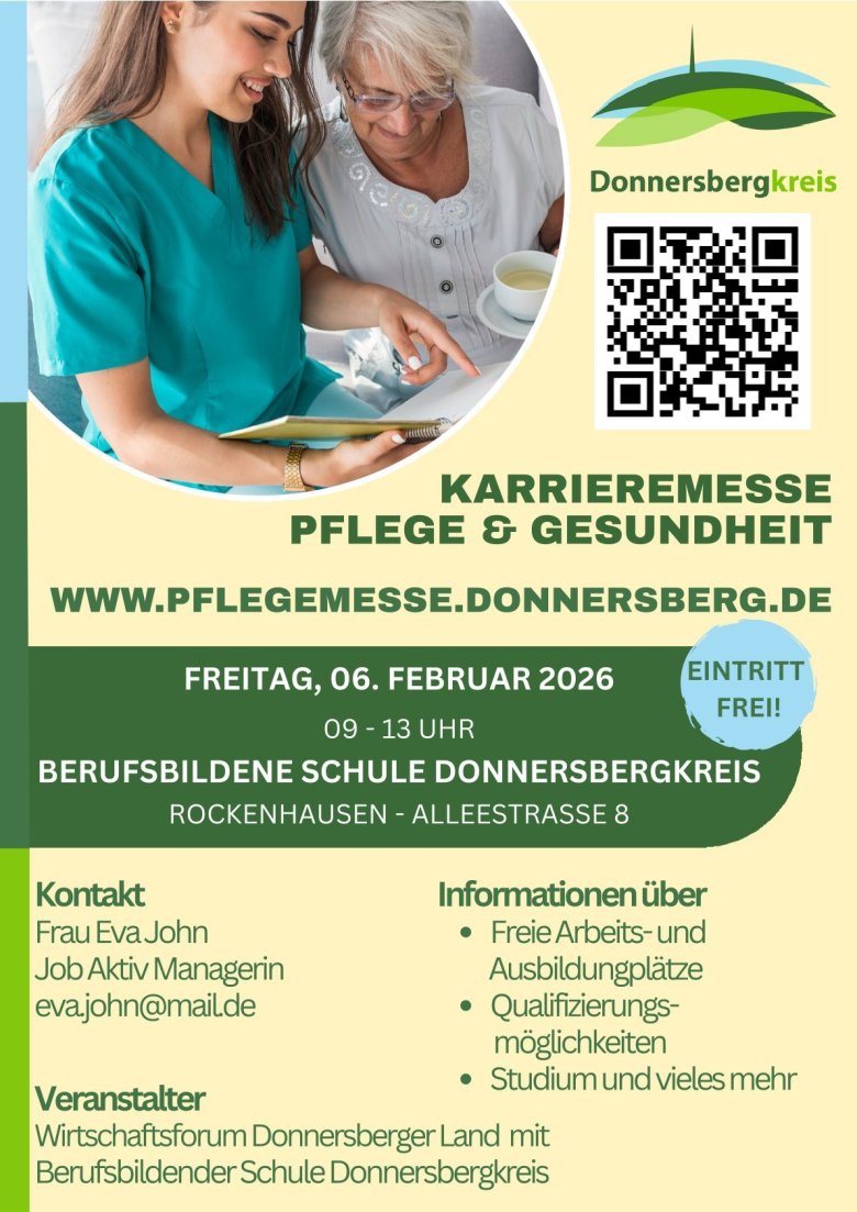 Plakat Karrieremesse Pflege & Gesundheit mit allen wichtigen Informationen und einem Foto einer Pflegerin mit einer älteren Dame