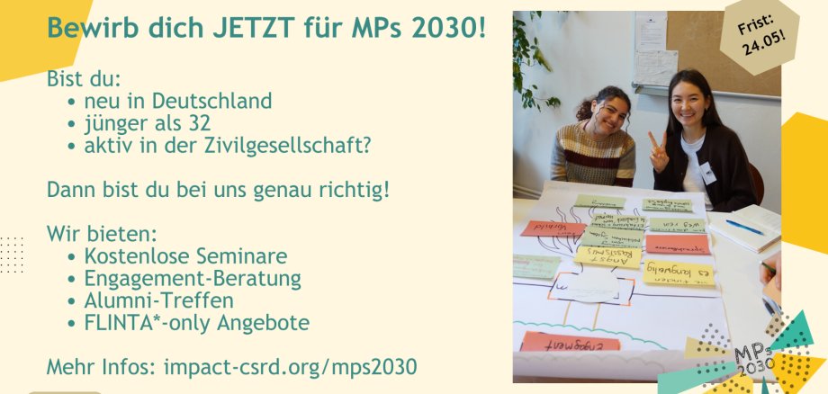 Seminarprogramm für junge Migrant*Innen: MPs 2030 – Gestärkt im Engagement Seminarprogramm für junge Migrant*Innen: MPs 2030 – Gestärkt im Engagement