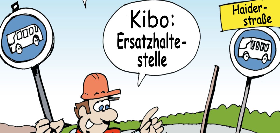 Ein Bauarbeiter mit Haltestellenschildern