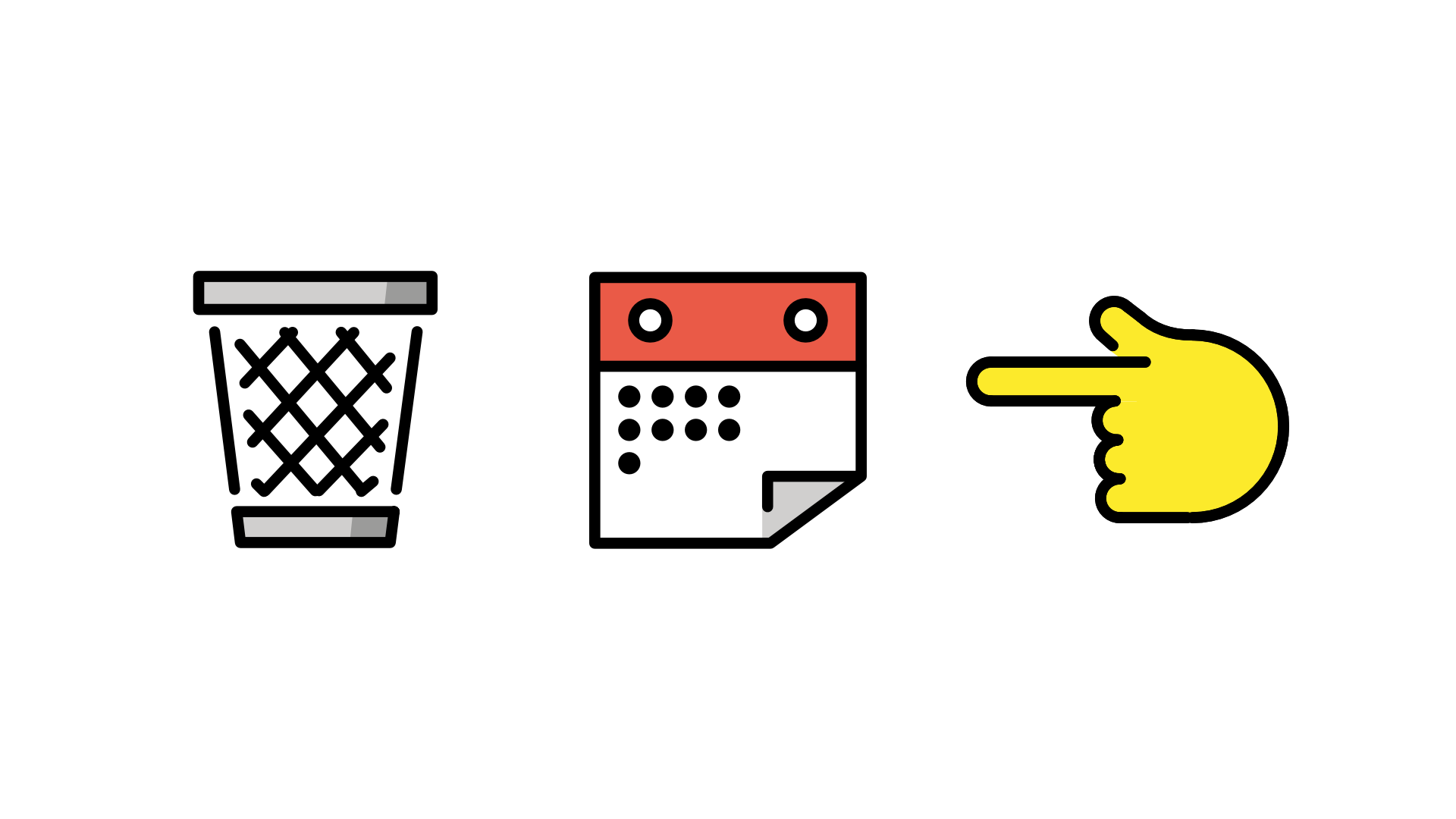 Verschiebung Abfall Abfuhr Emojis: Abfalleimer, Kalender und Hand