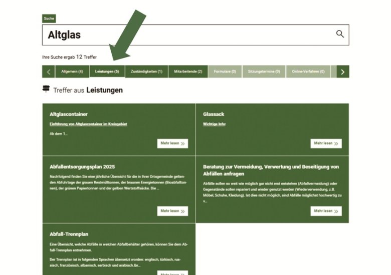 Screenshot von Suchergebnissen auf der Webseite www.donnersberg.de