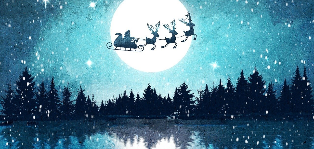 Zeichnung eines Weihnachtsmanns mit Schlitten im Flug Zeichnung eines Weihnachtsmanns mit Schlitten im Flug