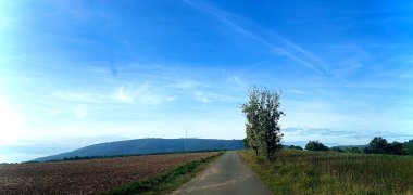 Fahrradweg mit Blick auf den Donnersberg. Rechts und links davon sind Felder.