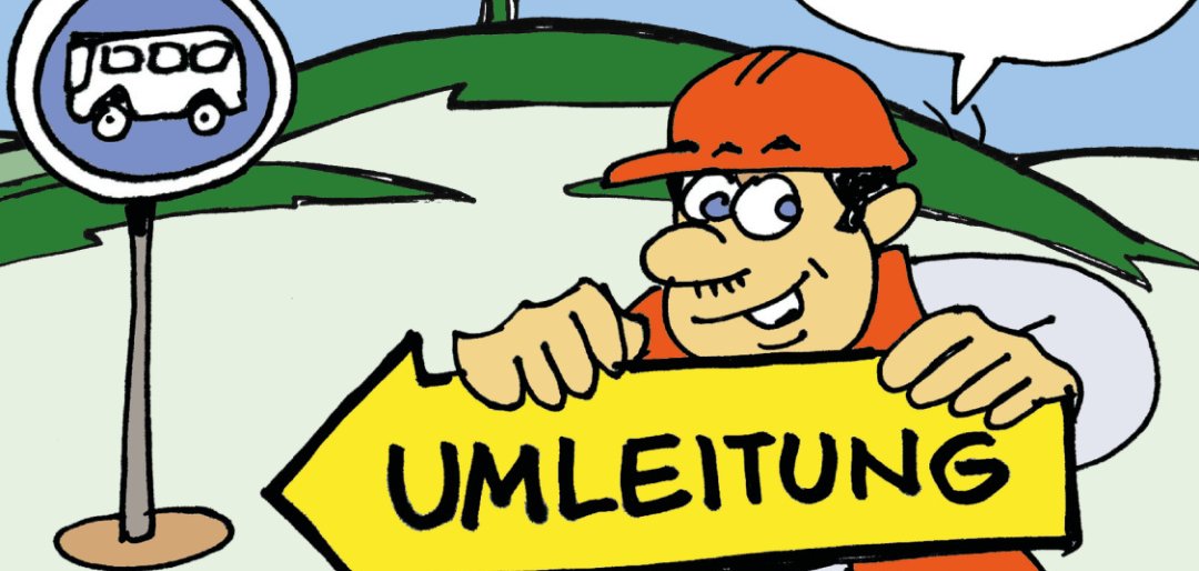 Ein Bauarbeiter trägt ein Umleitungsschild