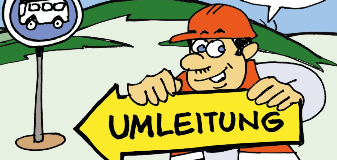 Ein Bauarbeiter trägt ein Umleitungsschild