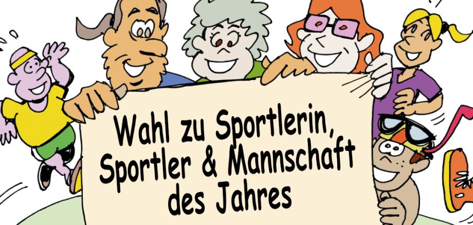 Gezeichnete Sportler zeigen ein Plakat, auf dem für die die Sportlerwahl geworben wird