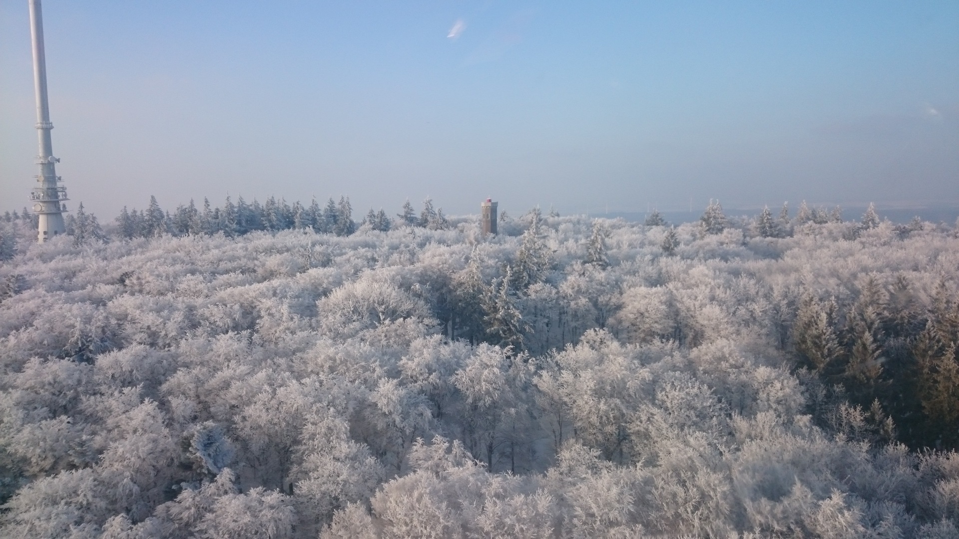 Verschneiter Wald auf dem Donnersberg mit Blick in die Ferne