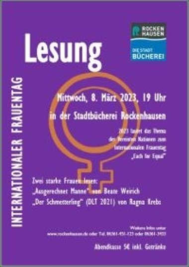 Werbeplakat der Stadt Rockenhausen zur Lesung am Frauentag 2023 in der Stadtbücherei.
